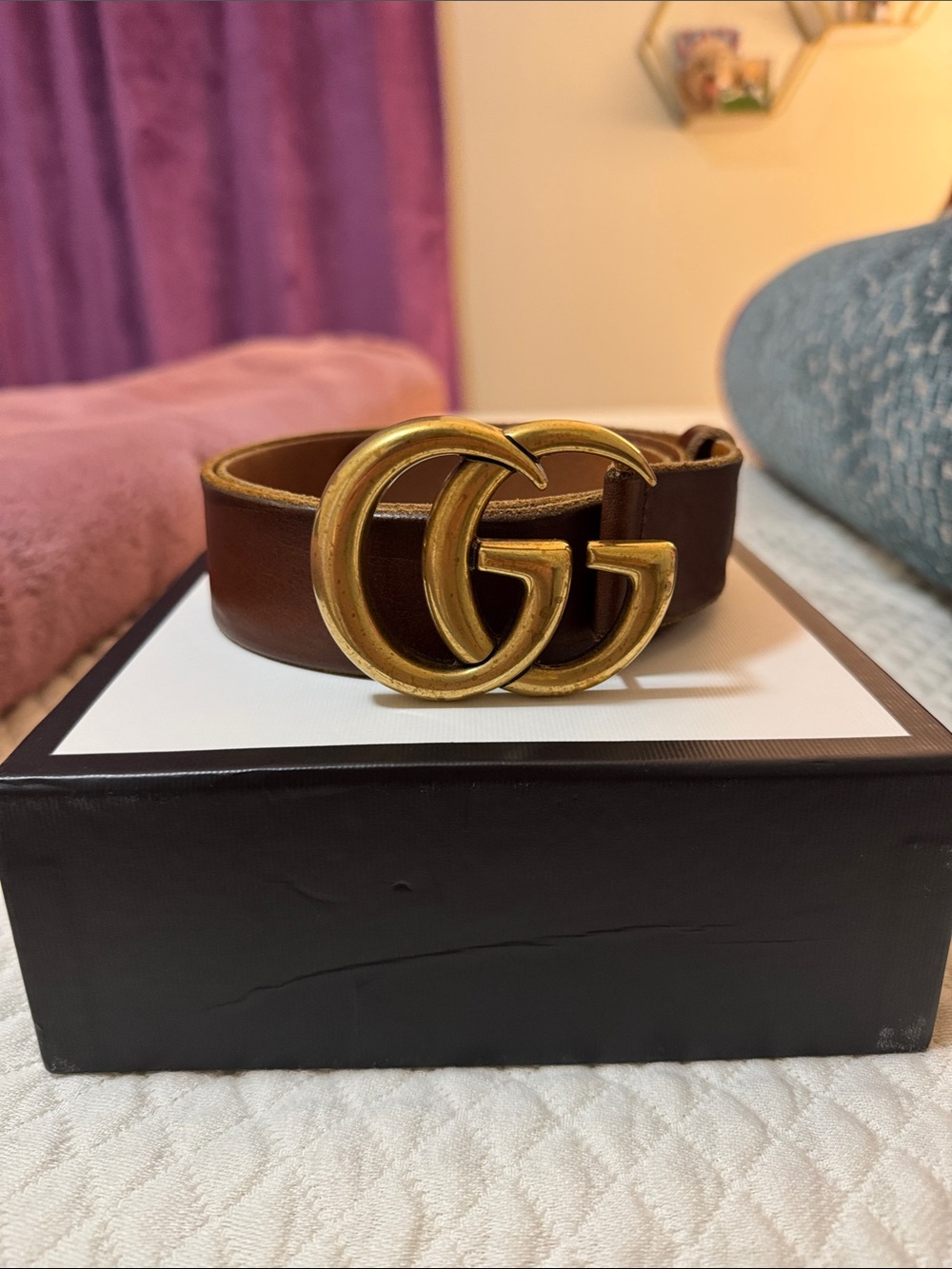 Gucci Brown Leather Belt with Gold Double G Buckle